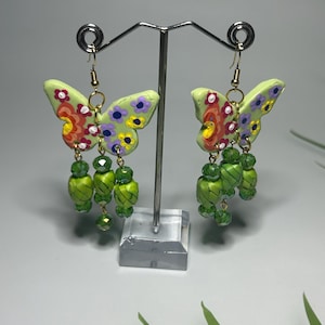Hand Painted Butterfly Earrings With Palm Leaf, Handmade Earrings, Cold Porcelain Earrings, Artisan Jewelry, Mexican Jewelry, A Gift for Her