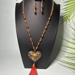 Handmade Heart Stained Glass Necklace Set, Mexican Artisan Jewelry with Ceramic Pendant, Crystal Beads, and Gold-Plated Chain