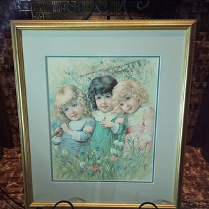 Antique Lithograph - Three Little Girls - Professionally Framed