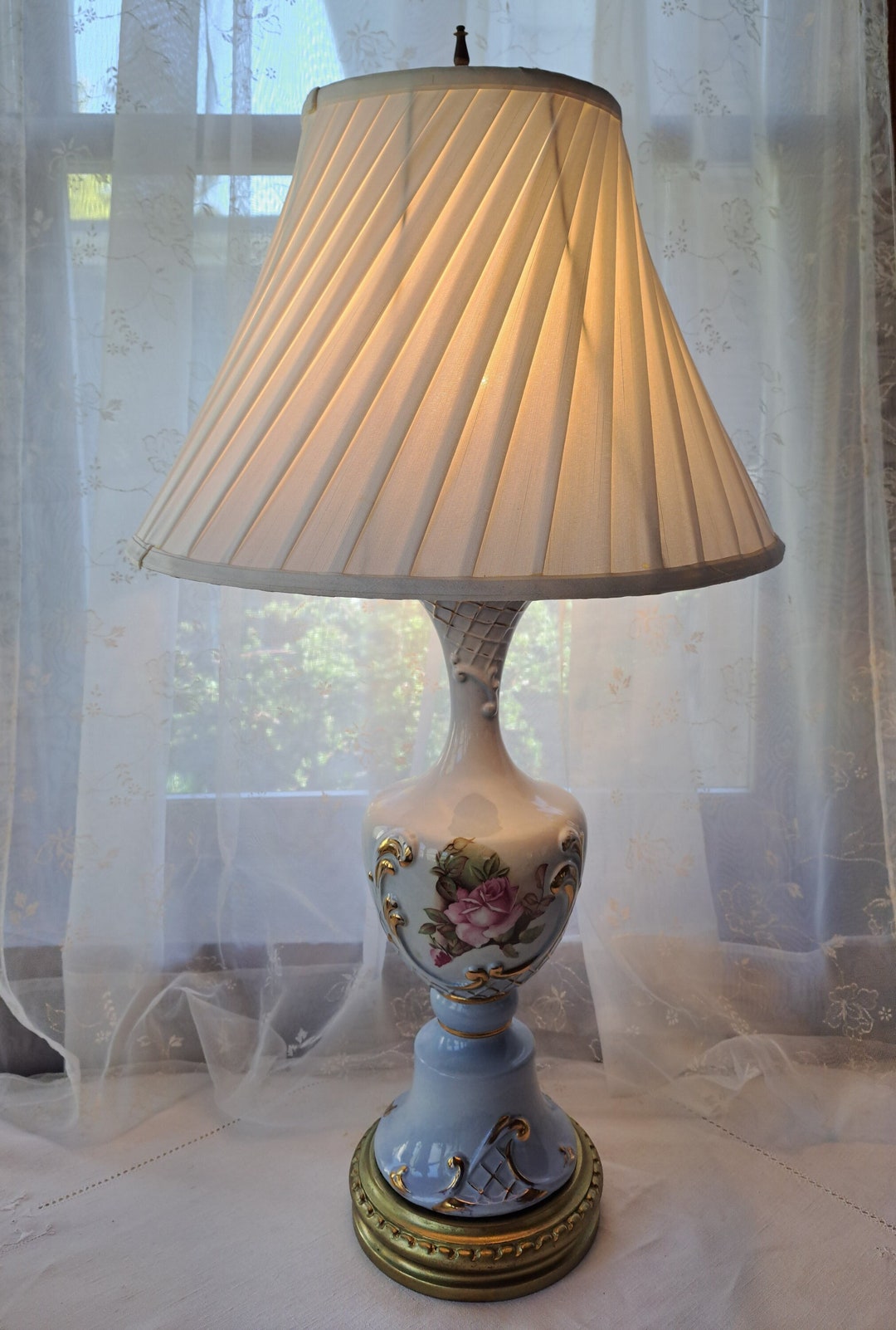 Vintage French Blue Porcelain Table Lamp Roses and Gold Details - Etsy
