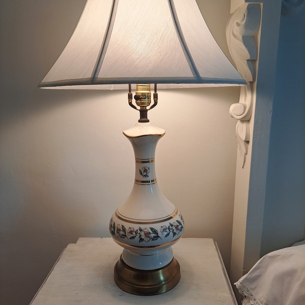 Vintage Lamp - Apple Blossoms on White Porcelain with Brassy metal base