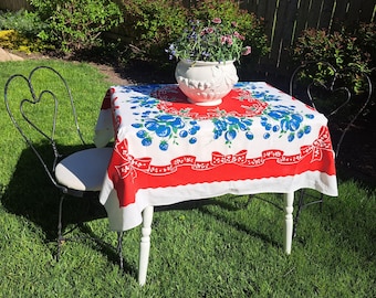 Vintage 1950's Tablecloth - Red, White, Blue - Fruit Design