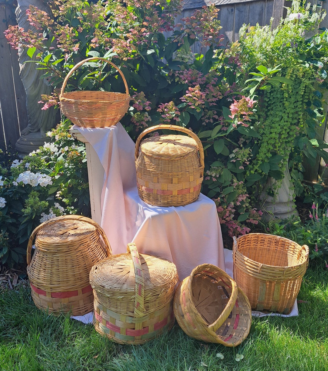 Large Vintage Baskets With Lids - Color Strips - Choice of 3 - Etsy