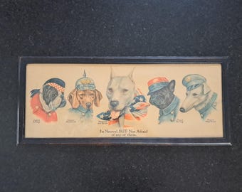 Impression originale de 1915 encadrée d'un dessin animé politique de Wallace Robinson - Chiens WWI