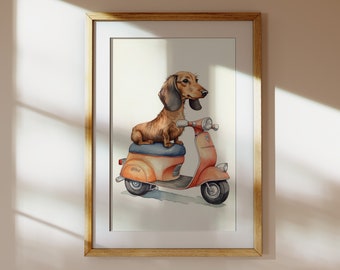 Dachshund Art | Dachshund Print | Dachshund Gift | Sausage Dog Print | Dachshund Illustration | Dachshund on a Vespa | Quirky