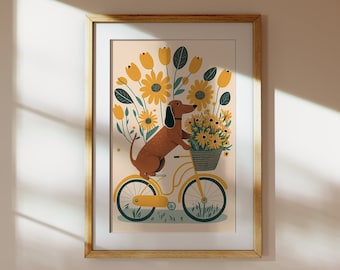 Dachshund on Bicycle Art Print: Quirky Sausage Dog Illustration (Digital Download)