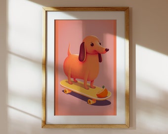 Könnte beinhalten: Eine gerahmte Illustration eines orangefarbenen Dackels, der auf einem Skateboard mit einer halben Orange auf dem Brett fährt. Der Hintergrund ist hellrosa.