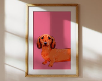 May include: A framed illustration of a dachshund dog with brown fur on a pink background.