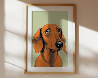 May include: A framed illustration of a brown dachshund with big eyes looking directly at the viewer. The dog is on a light green background.