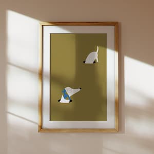 May include: A framed illustration of two white dogs peeking out of holes in a green wall. The dog on the left has a blue scarf around its neck.