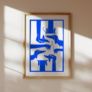 May include: A framed print of a blue and white illustration of five dachshund dogs with their heads together. The dogs are all facing different directions and have different expressions on their faces.