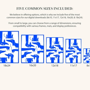 May include: Five different sizes of a digital download featuring a blue illustration of a group of dachshunds. The sizes are 8x10 inches, 11x17 inches, 12x18 inches, 16x20 inches, and 18x24 inches.