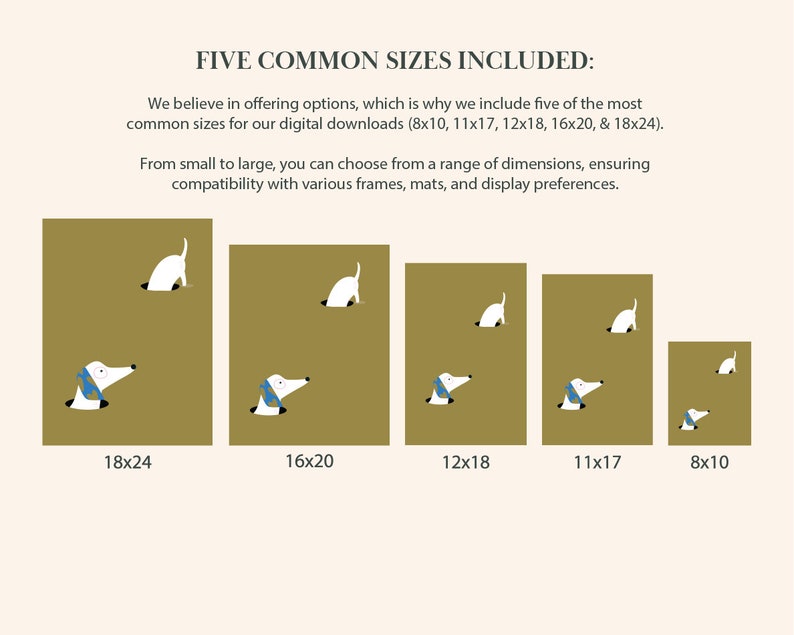 May include: Five different sizes of digital downloads are shown, each with a cartoon dog peeking out of a hole. The sizes are 8x10, 11x17, 12x18, 16x20, and 18x24 inches.
