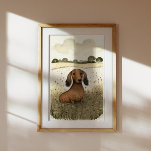 May include: A watercolor painting of a brown dachshund sitting in a field of wildflowers. The dog is looking directly at the viewer with a sweet expression. The background is a soft green and brown, with a few trees in the distance.