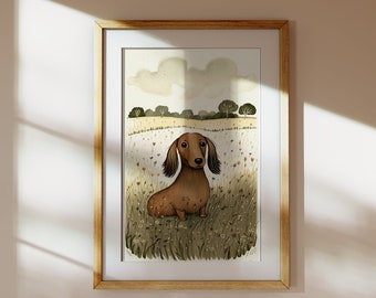 Dachshund Art Print: Longhair Sausage Dog with Flowers (Digital Download)