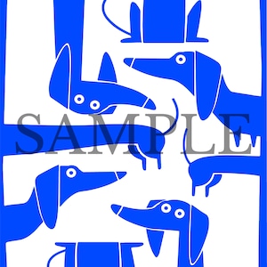 May include: A white background with a blue border and six blue dachshund dogs in various poses. The word "SAMPLE" is printed in black across the middle of the image.