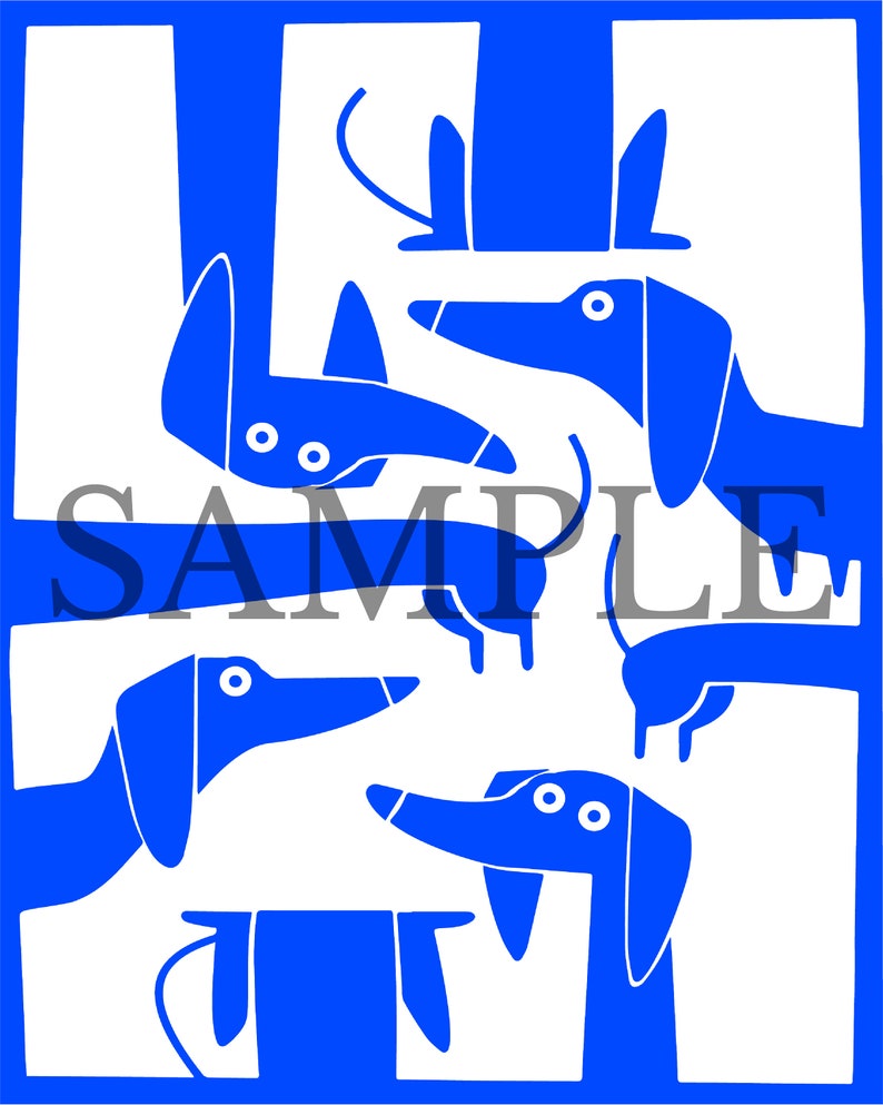May include: A white background with a blue border and six blue dachshund dogs in various poses. The word "SAMPLE" is printed in black across the middle of the image.