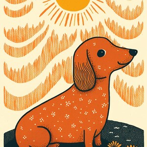 May include: A cartoon illustration of a dachshund dog sitting in a field of orange flowers with a yellow sun in the background.
