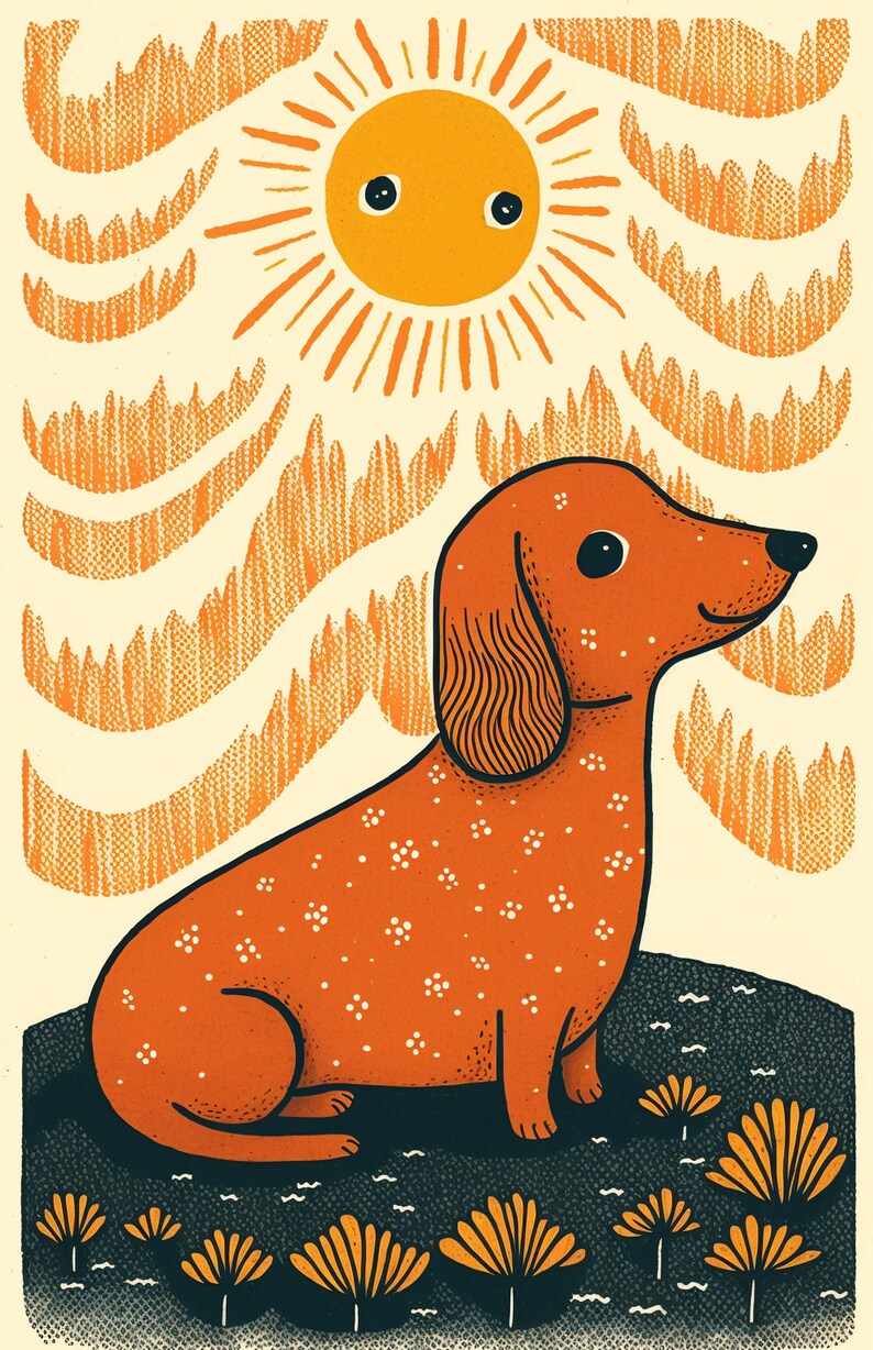 May include: A cartoon illustration of a dachshund dog sitting in a field of orange flowers with a yellow sun in the background.