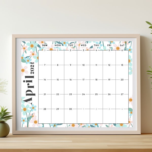 Editable Fillable Floral Digital April 2024 Calendar, White Blue Minimalist Floral Monthly Calendar, Kids schedule, Instant Download