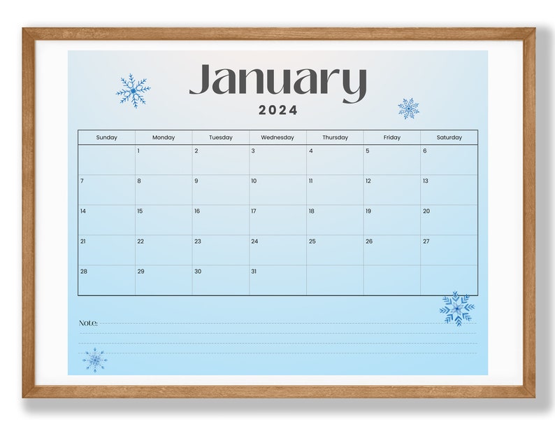 EDITABLE January 2024 Calendar, Beautiful Blue Winter With Snowflakes