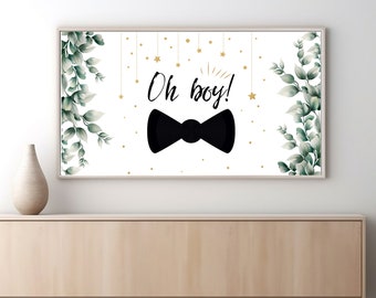 Samsung Frame TV Oh Boy Baby Shower Welcome Sign, Leaves with Bow Baby Shower Baby Boy Sign, Frame TV Art, Instant Download