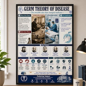May include: A framed educational poster titled Germ Theory of Disease, featuring historical illustrations, text, and timelines explaining the history of medicine, microbes, and hygiene practices, with a dark blue and white color scheme throughout.