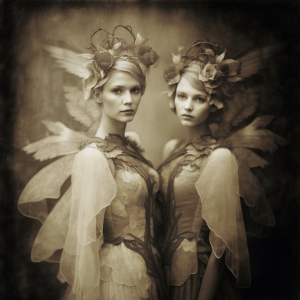 Haute Couture Fairies, Daguerreotype, Fantasy Art, AI Digital Print, Wall Art, Art Decor, Instant Download, Retro Vintage Style, Surrealism