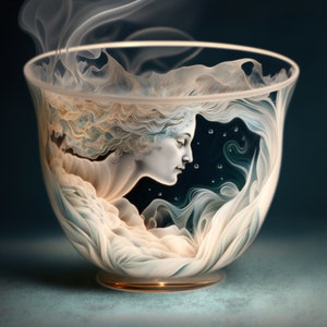 Etherische theekopje, digitale kunstprint, AI-gegenereerde kunst, thee, Instant Download, AI-kunst, kunst aan de muur, Fantasy Art, surrealisme, Decor van het huis