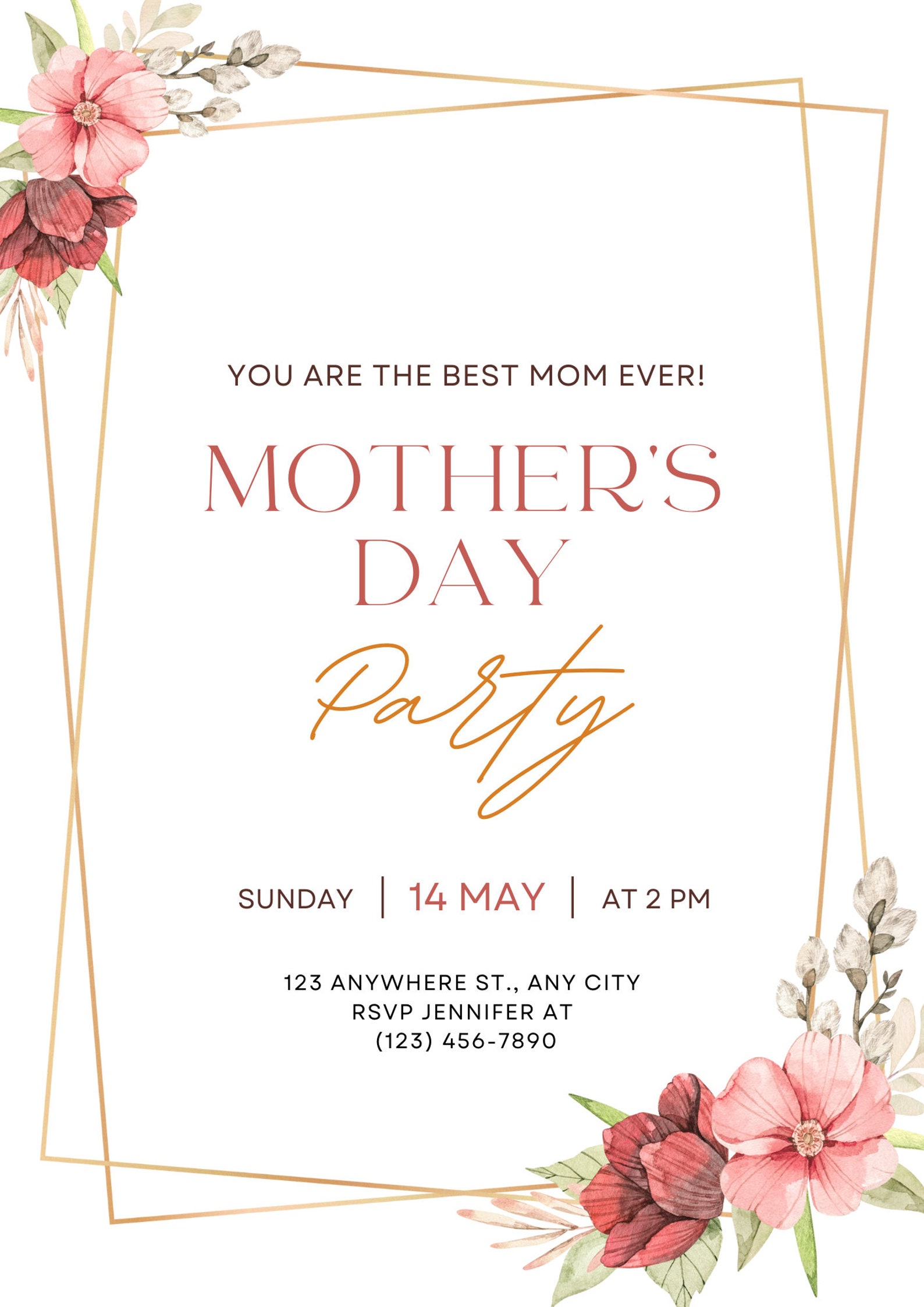 Floral Mothers Day Party Invitation, Mothers Day Card, Brunch ...