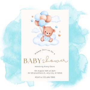 Invito per baby shower a tema orsetto in mongolfiera modificabile, modello per inviti per baby shower digitale per ragazzo Download immediato, orsacchiotto
