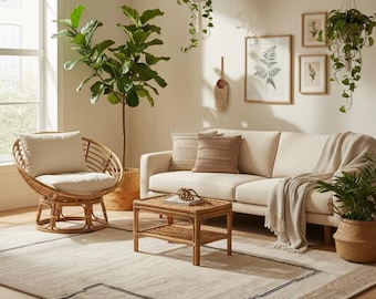 Puede incluir: Un salón acogedor con un sofá de color claro, una silla de ratán y una mesa de centro. La habitación está decorada con plantas en macetas, estampados botánicos enmarcados y una alfombra estampada. La estética general es natural y acogedora.