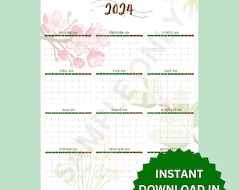 2024 Blumen Wandkalender | Akademischer Kalender | Download Kalender zum Ausdrucken in 2 Verschiedenen Größen