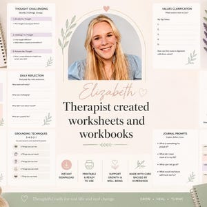 May include: A selection of therapy worksheets and workbooks, featuring a central portrait of a woman. The design incorporates self-care menus, goal planning, and emotional check-in prompts. The colour scheme is gentle, with an emphasis on well-being.