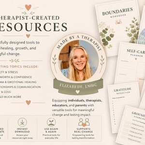 Pode incluir: Recursos criados por terapeutas para cura e crescimento, incluindo cadernos de exercícios, planejadores e exercícios. Os tópicos incluem ansiedade, autoestima, trauma, relacionamentos e luto. Projetado por Elizabeth, LMHC.