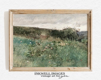 Spring Meadow Painting | Vintage Landscape Print | Countryside Painting | Lush Wildflower Field | Farmhouse Wall Art | L17