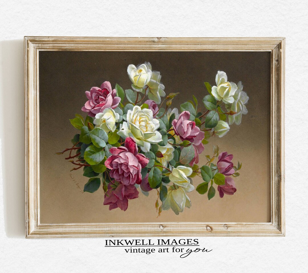 Vintage Roses Still Life Painting Red and White Roses Print Antique ...