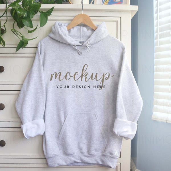 Gildan 18500 Mockup Ash | Heavy Blend Hooded Sweatshirt Mock up Ash Mock Sweater Hanging Collection JPG and PNG Digital Download