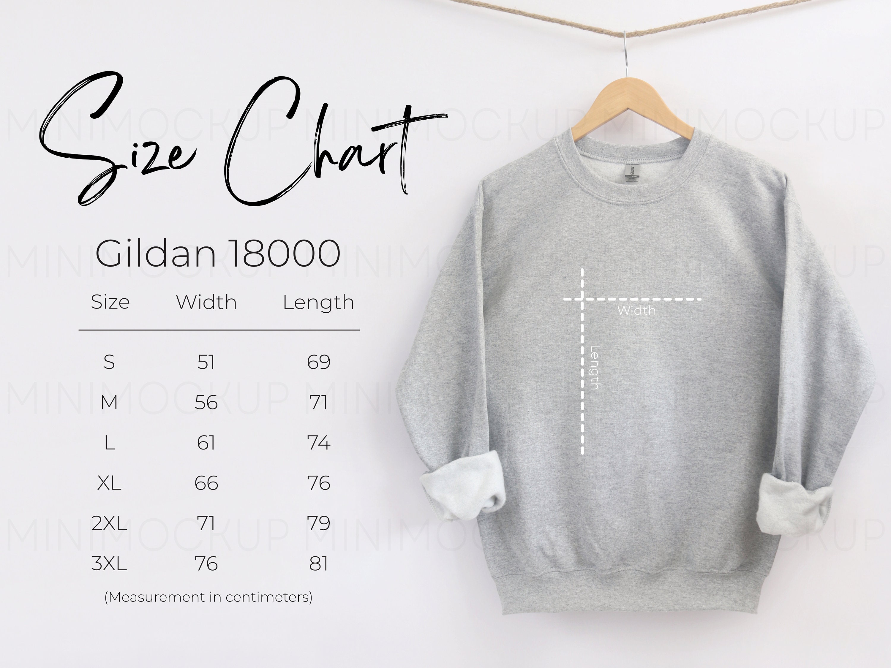 Gildan 18000 Size Chart Inches and Centimeters Men and Womens