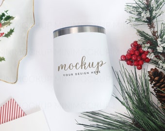 Christmas Wine Tumbler Mockup 12 oz | Stainless Steel White Tumbler Mock up Holiday JPG and PNG Digital Download