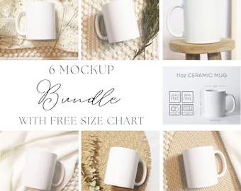 Mug Mockup 11oz Bundle with Free Size Chart | Boho Collection | 6 Ceramic White Coffee Cup Mock up Bundle Mugs Mock ups Digital Download