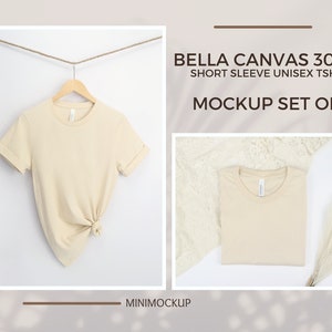Bella Canvas 3001 Mockup Soft Cream | Set of 2 | Short Sleeve Unisex Shirt Mock up Cream Flatlay Tshirt JPG and PNG Digital Download