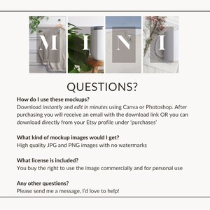 May include: A digital product mockup set with the word "MINI" displayed in four different scenes. The scenes include a white t-shirt on a hanger, a white mug on a wooden table, a white square on a blue background, and a white mug on a book with flowers. The text "QUESTIONS?" is displayed in black text at the top of the image. The text below the image provides information about the product, including how to use the mockups, the type of images included, and the license.