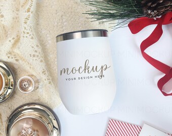 Christmas Wine Tumbler Mockup 12 oz | Stainless Steel White Tumbler Mock up Holiday JPG and PNG Digital Download