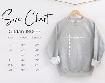 Gildan 18000 Size Chart Inches and Centimeters | Men and Womens Sweatshirt Size Chart Gilden Mockup Collection JPG and PNG Digital Download