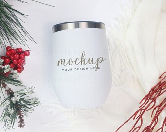 Christmas Wine Tumbler Mockup 12 oz | Stainless Steel White Tumbler Mock up Holiday JPG and PNG Digital Download
