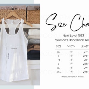 Next Level 1533 Size Chart in Inches | Racerback Tank Size Chart Mockup Tank Top Size Guide JPG and PNG Digital Download