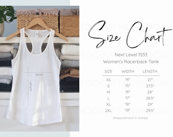 May include: Size chart for a white racerback tank top. The chart shows sizes XS to 2XL with corresponding width and length measurements in inches.