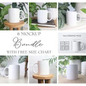 Mug Mockup 11oz Bundle with Free Size Chart | Plants Collection | 6 White Ceramic Coffee Cup Mock up Bundle ZIP Digital Download