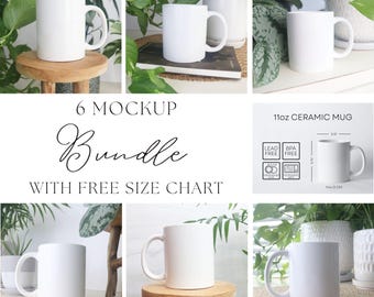 May include: A set of six white ceramic mugs with a handle on the right side. The mugs are 11 ounces and are lead and BPA free. The mugs are shown in different settings with plants and books.